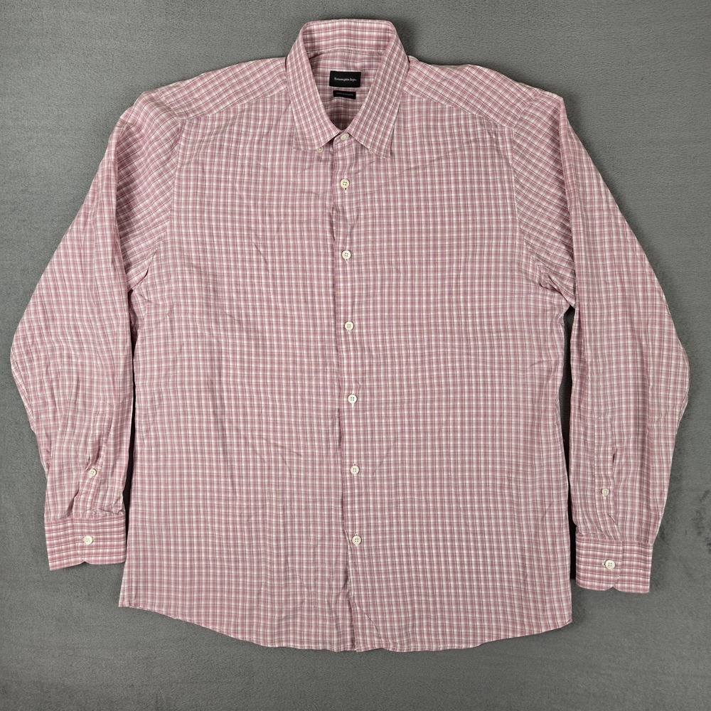 Ermenegildo Zegna Shirt Mens Extra Large Pink Cento Quaranta Plaid Long Sleeve
